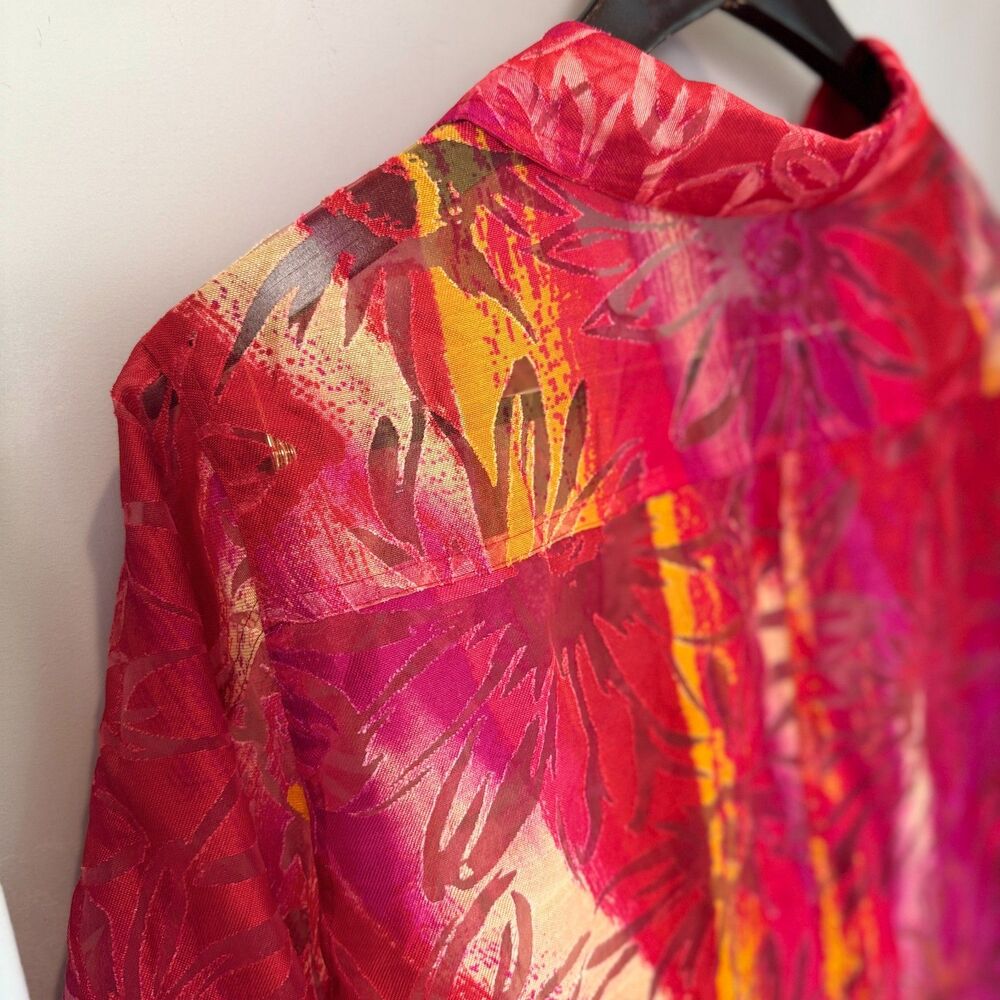 Choices Woman Blouse Women's 2X Red Pink Orange Sheer Resort Button Shirt - Picture 6 of 8
